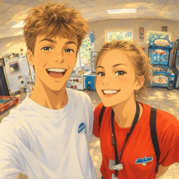 A group photo drawn in the Hand-Painted Film anime style by Anime Frame